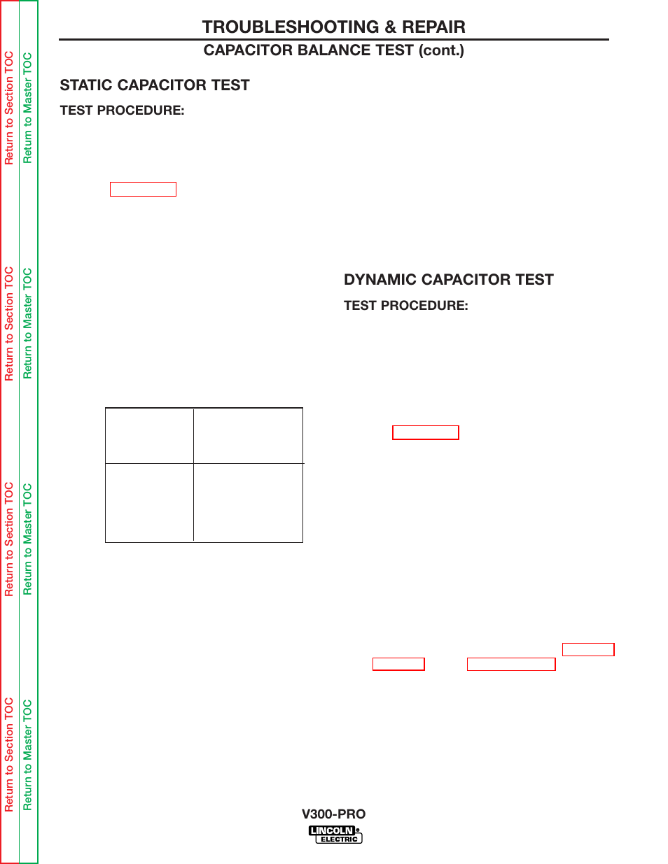 Troubleshooting & repair, Static capacitor test, Dynamic capacitor test | Capacitor balance test (cont.) | Lincoln Electric INVERTEC V300-PRO SVM105-B User Manual | Page 52 / 117