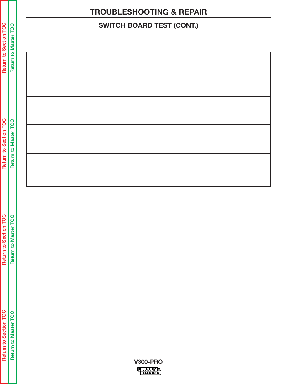 And table f.3 . if any test fails, Troubleshooting & repair, Switch board test (cont.) | Lincoln Electric INVERTEC V300-PRO SVM105-B User Manual | Page 58 / 117