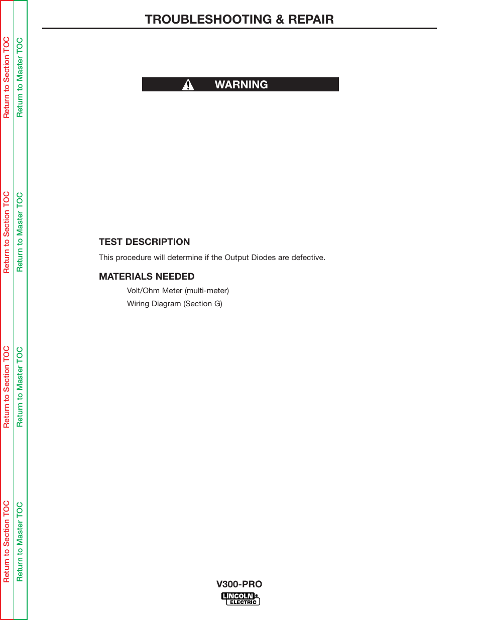 See output diodes test, Output diode test, Troubleshooting & repair | Warning output diode test | Lincoln Electric INVERTEC V300-PRO SVM105-B User Manual | Page 61 / 117