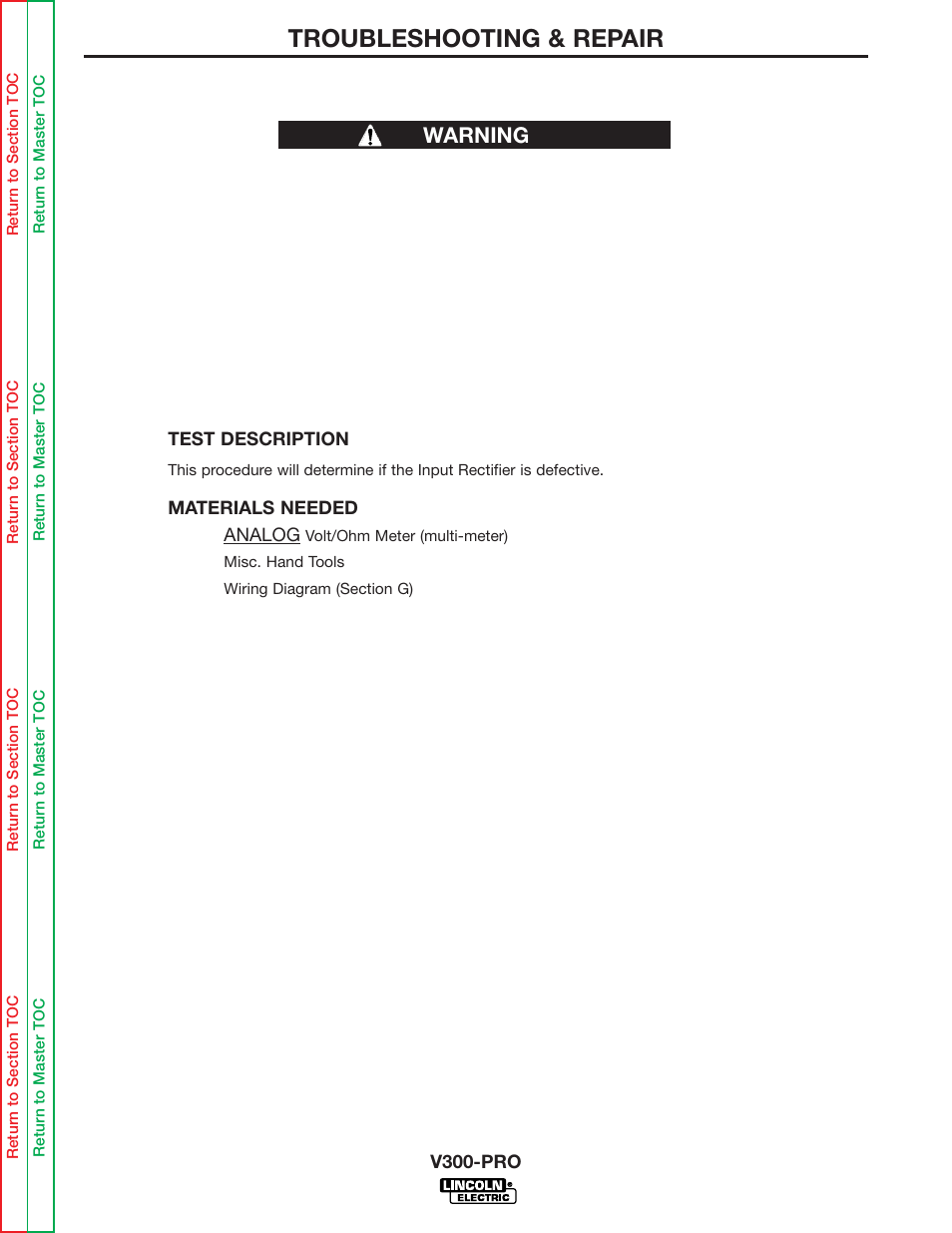 See input rectifier, Input rectifier, Troubleshooting & repair | Input rectifier test warning | Lincoln Electric INVERTEC V300-PRO SVM105-B User Manual | Page 63 / 117