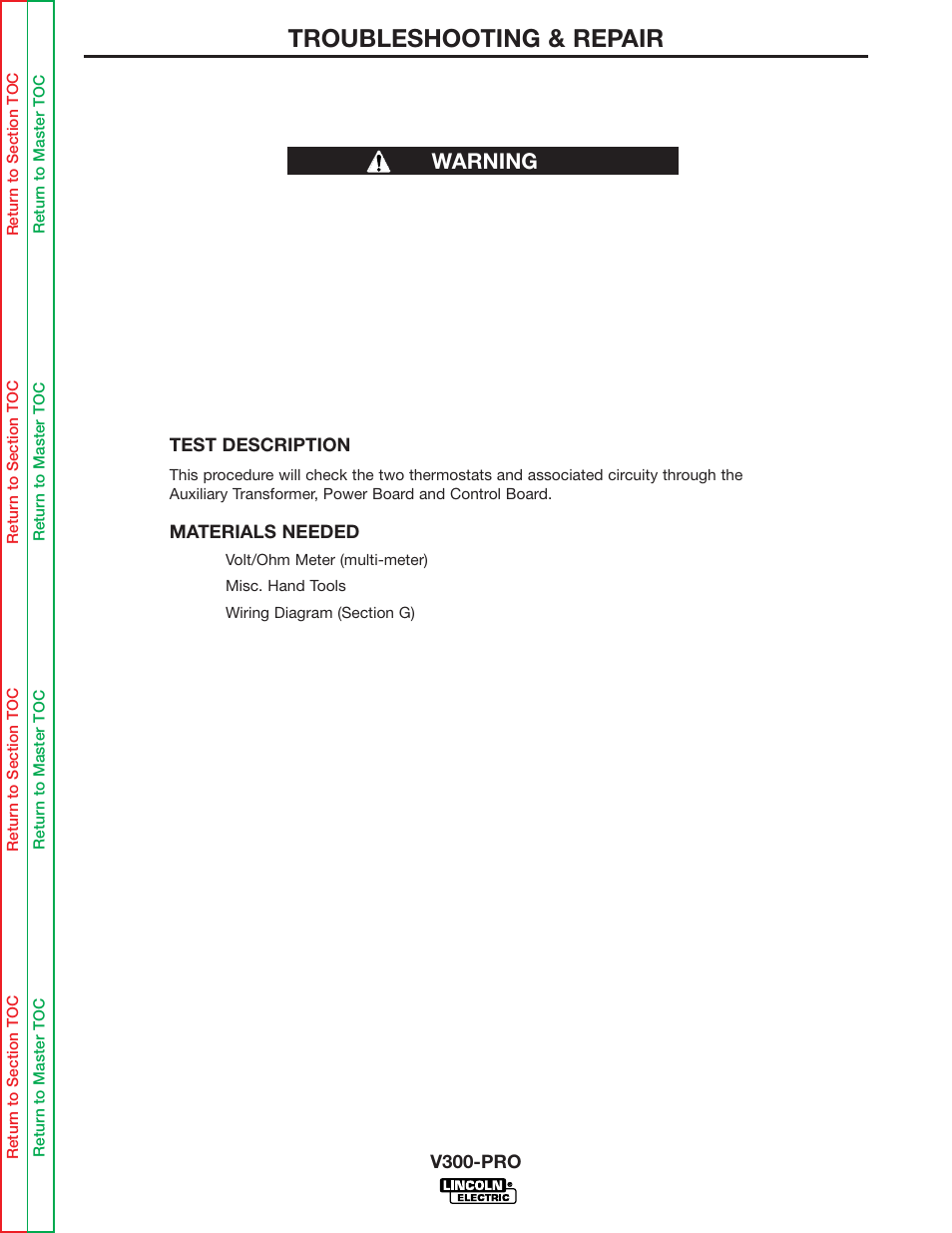 Thermal protection ac trigger circuit, Troubleshooting & repair, Thermal protection ac trigger circuit warning | Lincoln Electric INVERTEC V300-PRO SVM105-B User Manual | Page 73 / 117