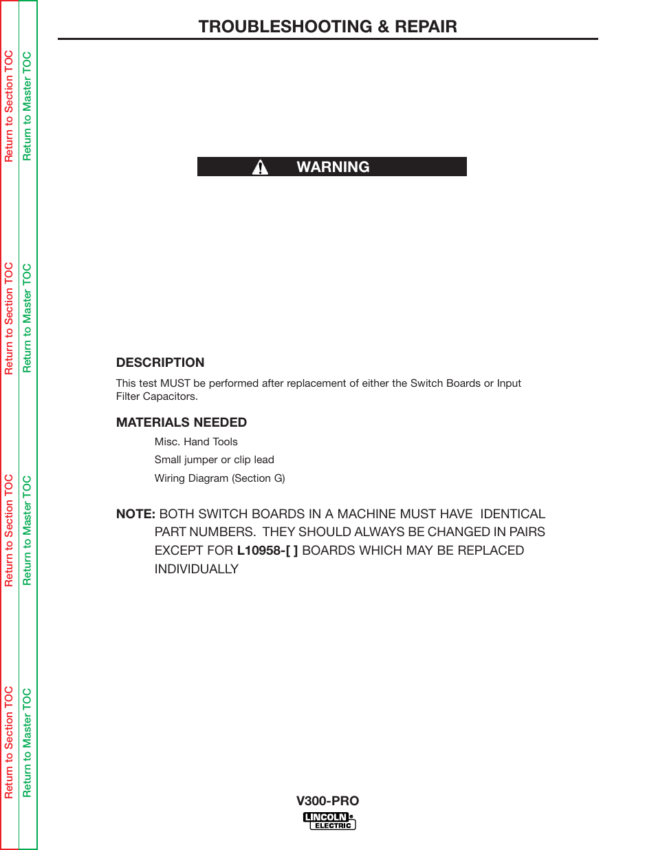 Perform the test after repair of switch boards, And/or capacitors, Troubleshooting & repair | Lincoln Electric INVERTEC V300-PRO SVM105-B User Manual | Page 87 / 117