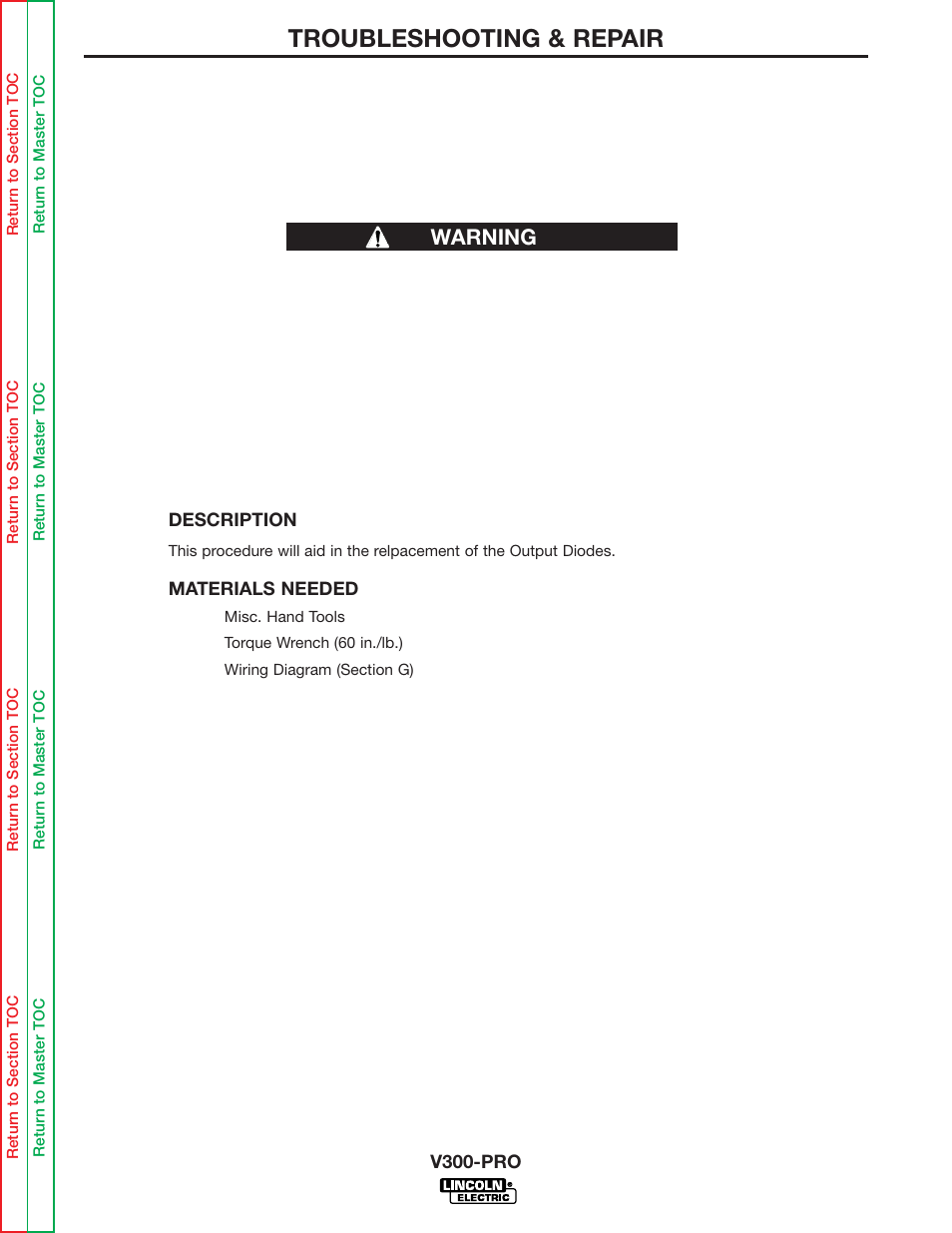 Troubleshooting & repair, Output diode replacement procedure warning | Lincoln Electric INVERTEC V300-PRO SVM105-B User Manual | Page 89 / 117