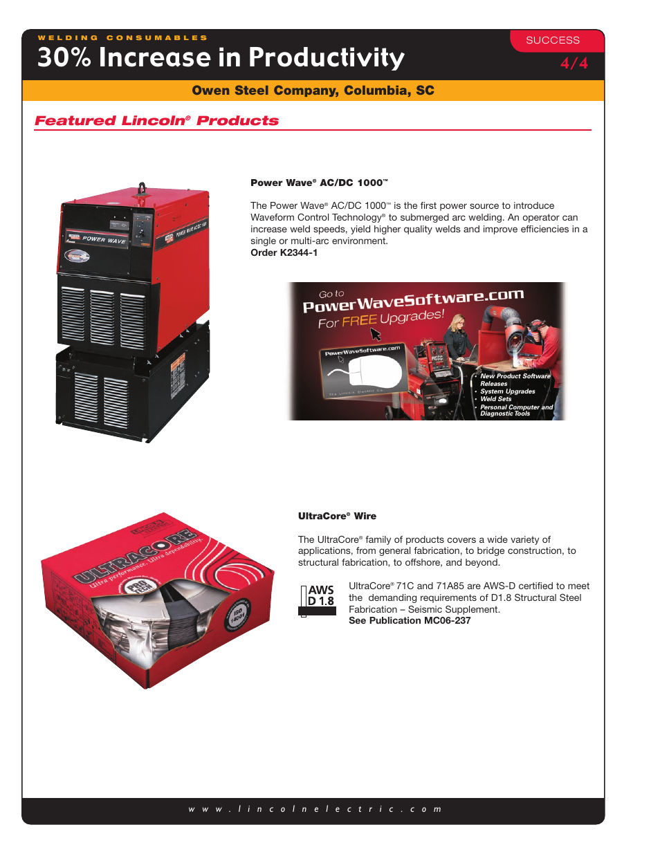 30% increase in productivity, Owen steel company, columbia, sc ultracore, Featured lincoln | Products | Lincoln Electric MC07-48 User Manual | Page 4 / 4