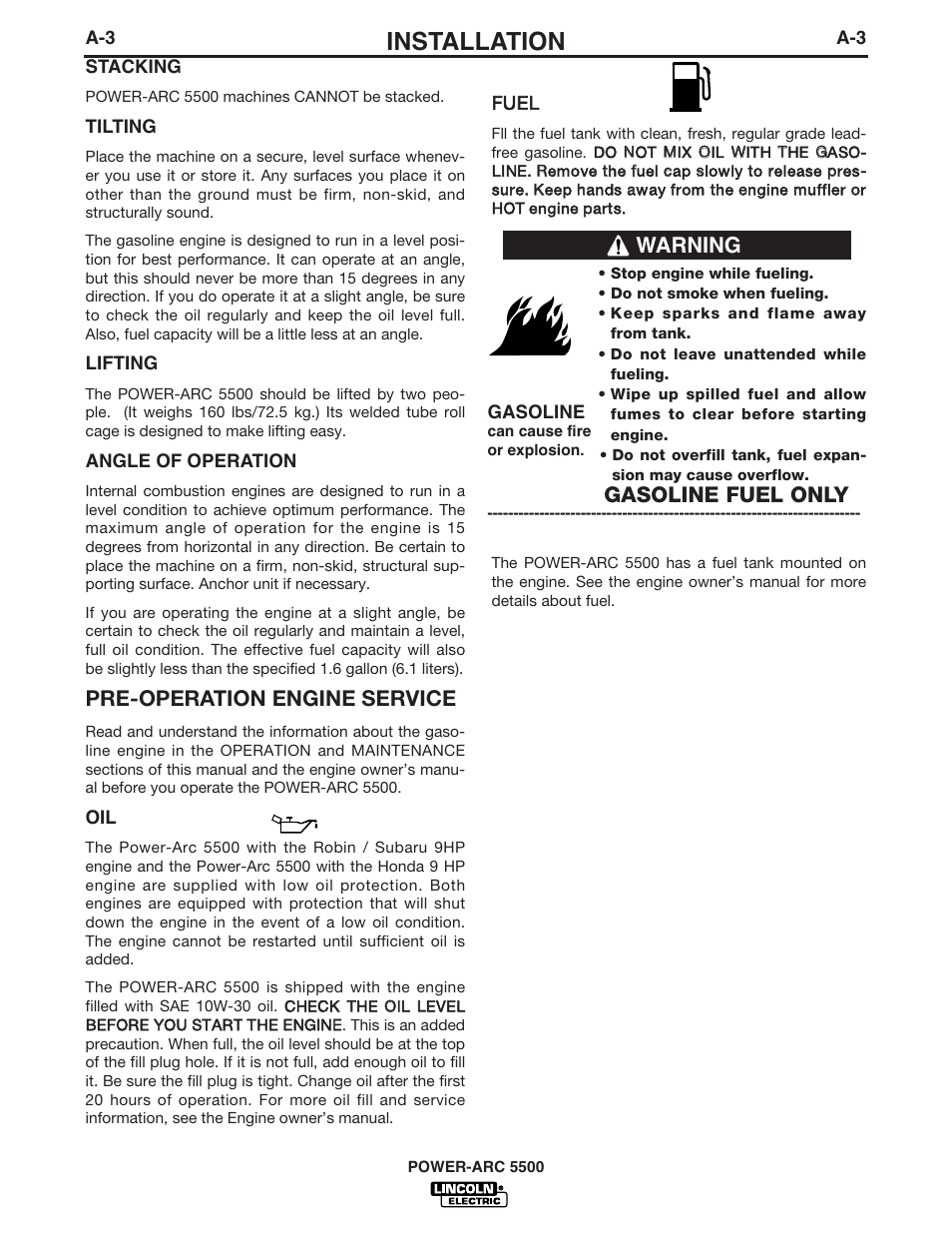 Installation, Pre-operation engine service, Gasoline fuel only | Warning | Lincoln Electric POWER-ARC IM871-A User Manual | Page 10 / 50