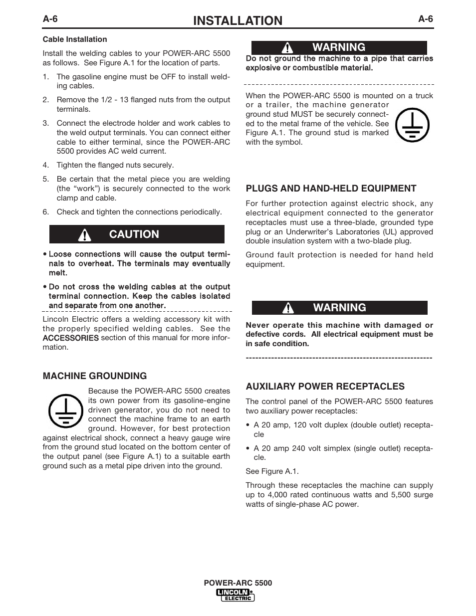 Installation, Caution warning warning | Lincoln Electric POWER-ARC IM871-A User Manual | Page 13 / 50