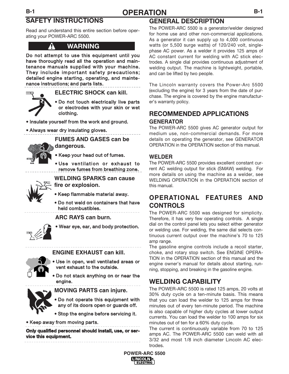 Operation, Safety instructions, General description | Recommended applications, Operational features and controls, Welding capability, Warning | Lincoln Electric POWER-ARC IM871-A User Manual | Page 16 / 50
