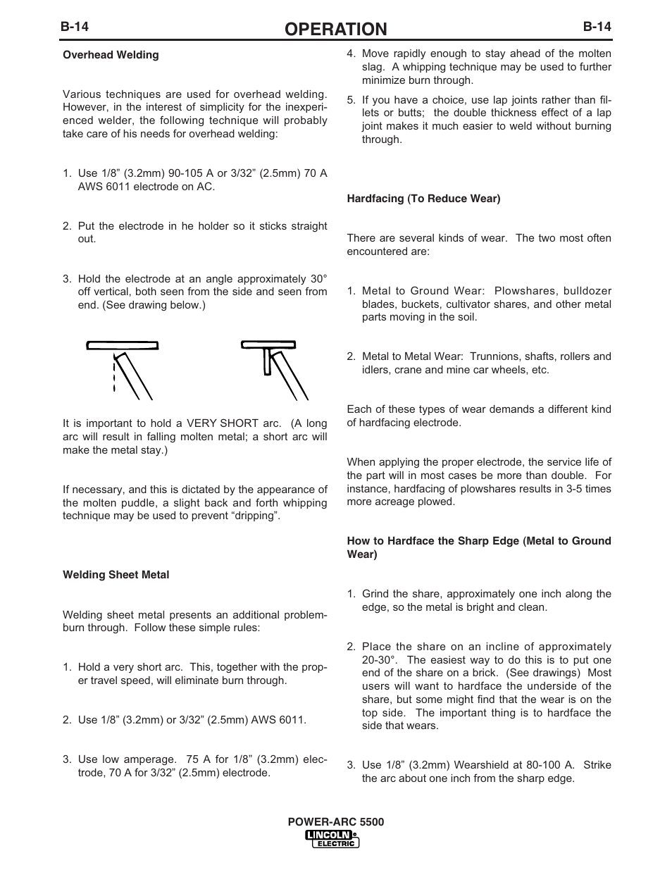 Operation, Side view end view 30° 30 | Lincoln Electric POWER-ARC IM871-A User Manual | Page 29 / 50