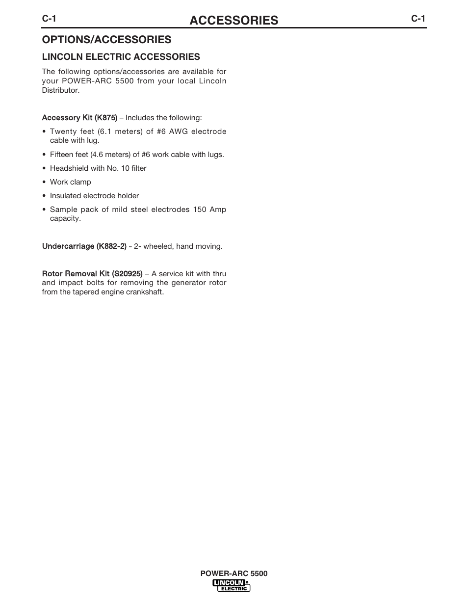 Accessories, Options/accessories | Lincoln Electric POWER-ARC IM871-A User Manual | Page 32 / 50