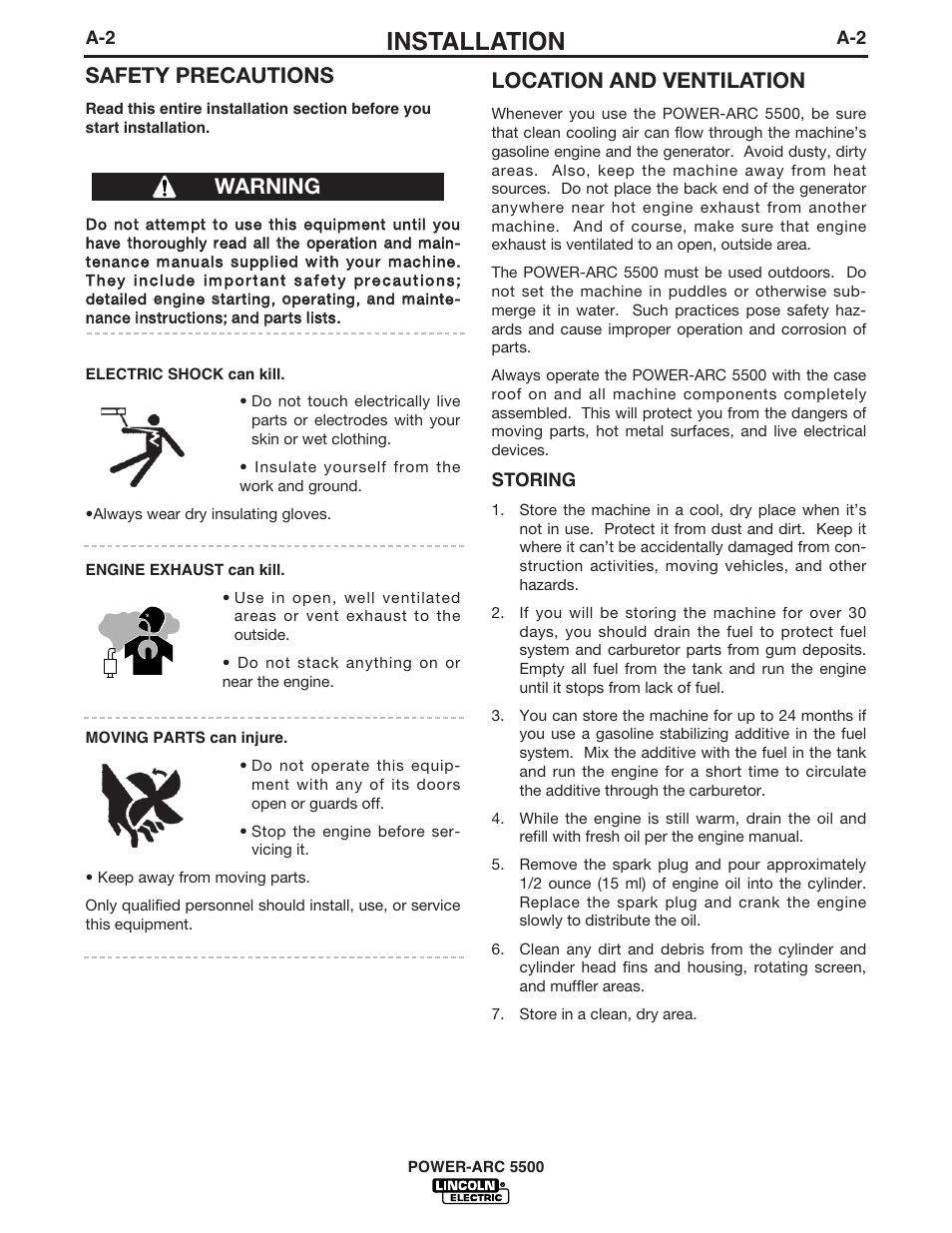 Installation, Safety precautions, Location and ventilation | Warning | Lincoln Electric POWER-ARC IM871-A User Manual | Page 9 / 50