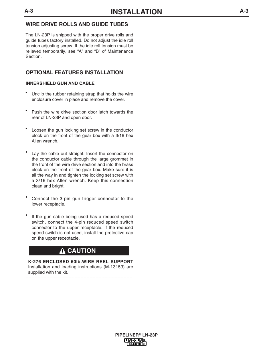 Installation, Caution | Lincoln Electric PIPELINER LN-23P User Manual | Page 10 / 28