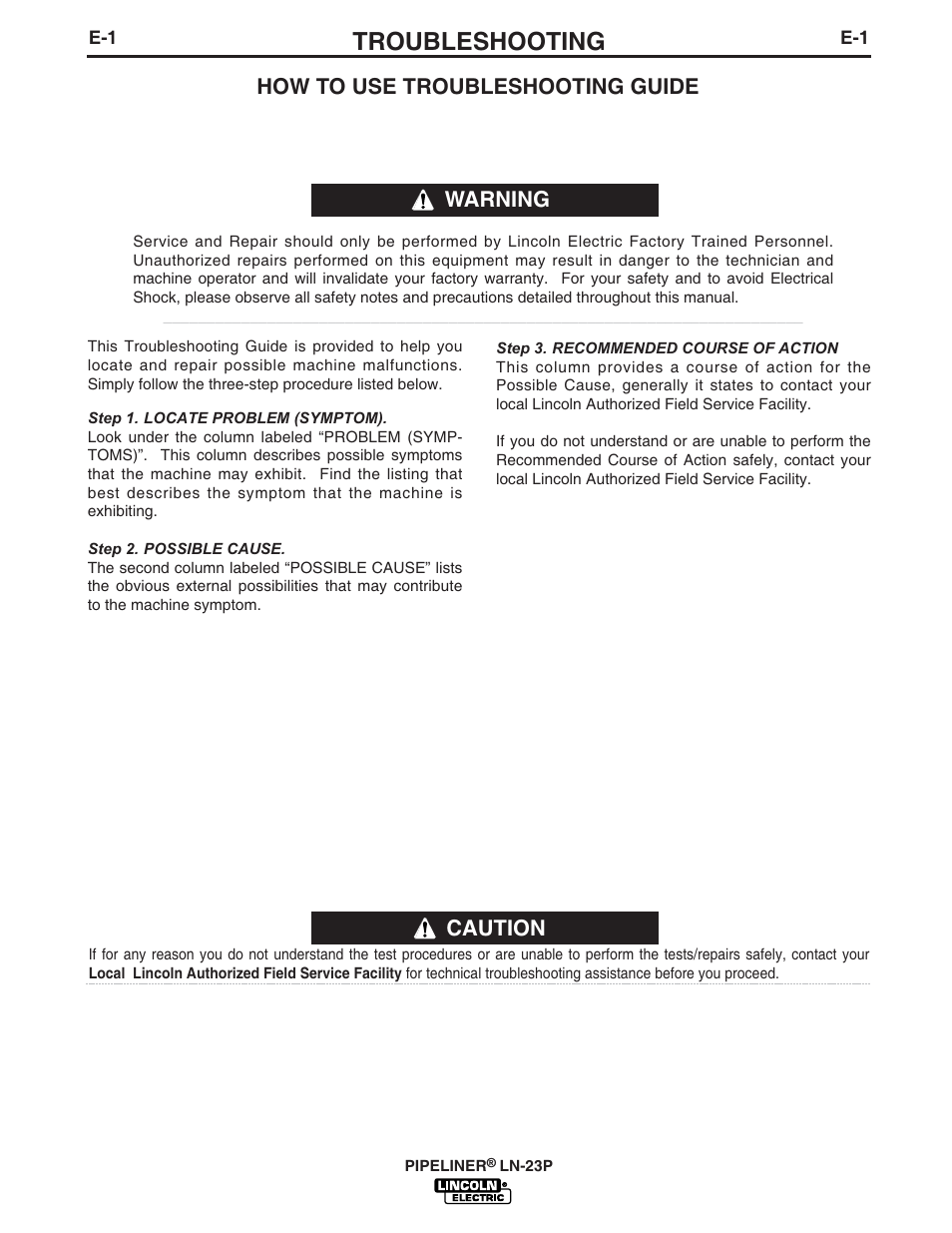 Troubleshooting, Caution, How to use troubleshooting guide | Warning | Lincoln Electric PIPELINER LN-23P User Manual | Page 16 / 28