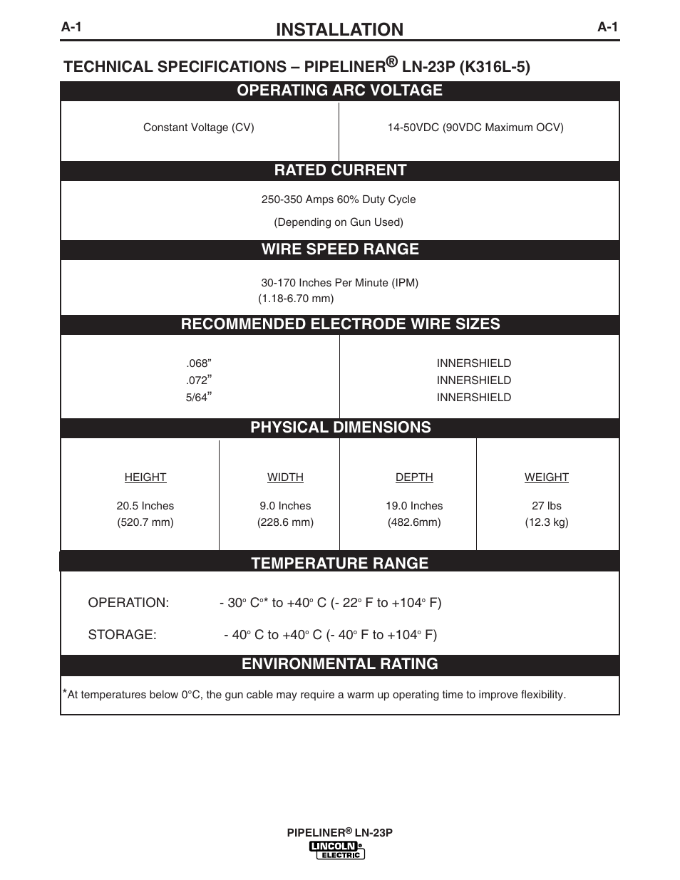 Installation, Temperature range, Environmental rating | Lincoln Electric PIPELINER LN-23P User Manual | Page 8 / 28