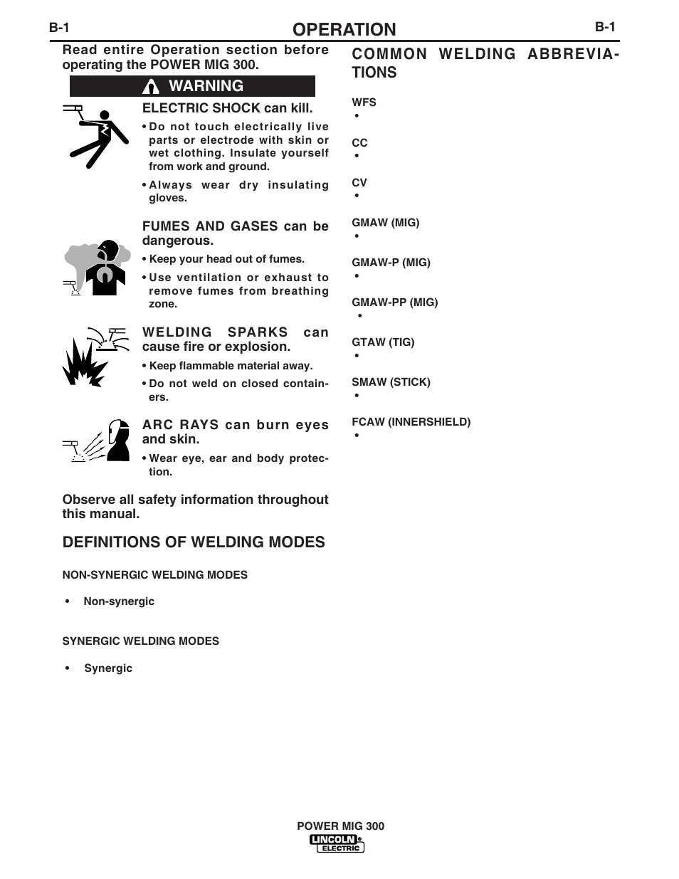 Operation, Common welding abbrevia- tions, Definitions of welding modes | Warning | Lincoln Electric POWER MIG IM736-D User Manual | Page 13 / 48