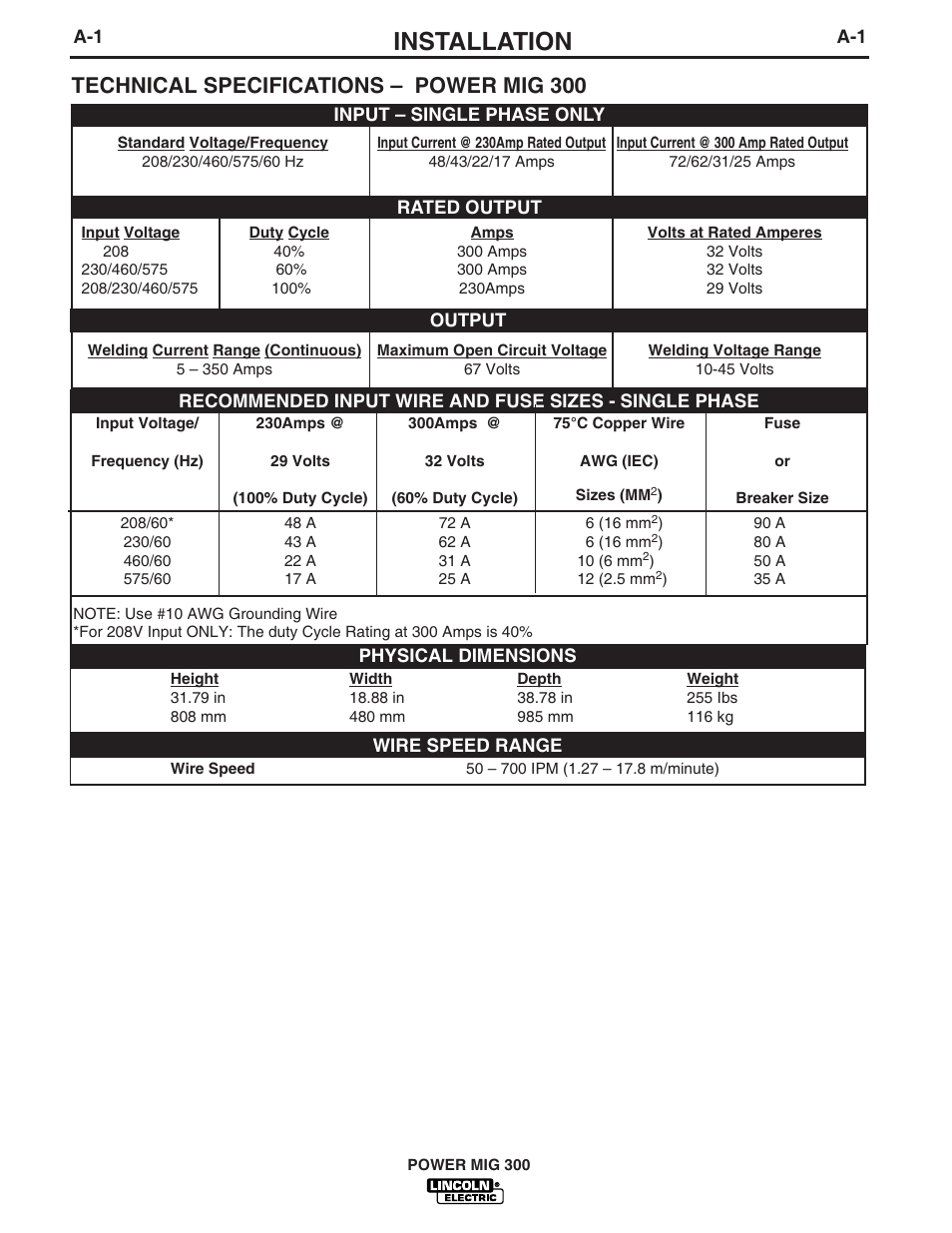 Installation, Technical specifications – power mig 300 | Lincoln Electric POWER MIG IM736-D User Manual | Page 8 / 48