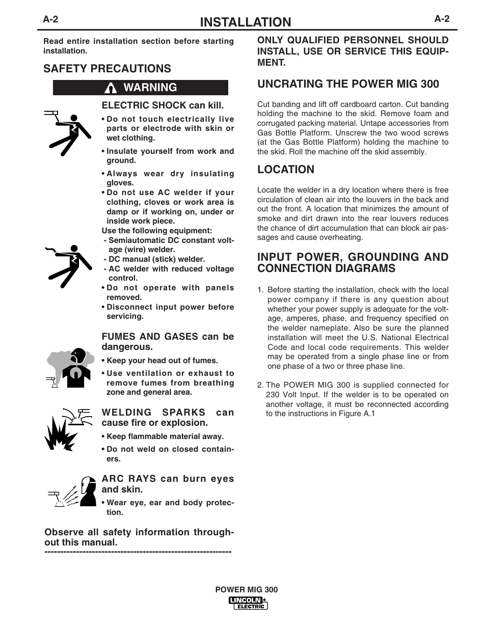 Installation, Uncrating the power mig 300, Location | Input power, grounding and connection diagrams, Safety precautions, Warning | Lincoln Electric POWER MIG IM736-D User Manual | Page 9 / 48