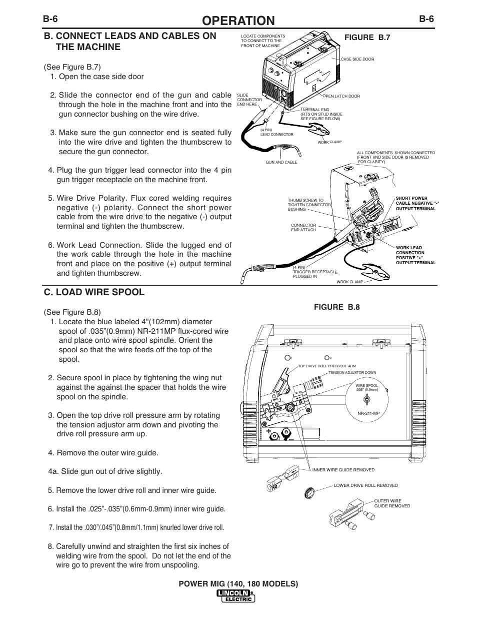 Operation, B. connect leads and cables on the machine, C. load wire spool | Lincoln Electric POWER MIG 180 User Manual | Page 19 / 42