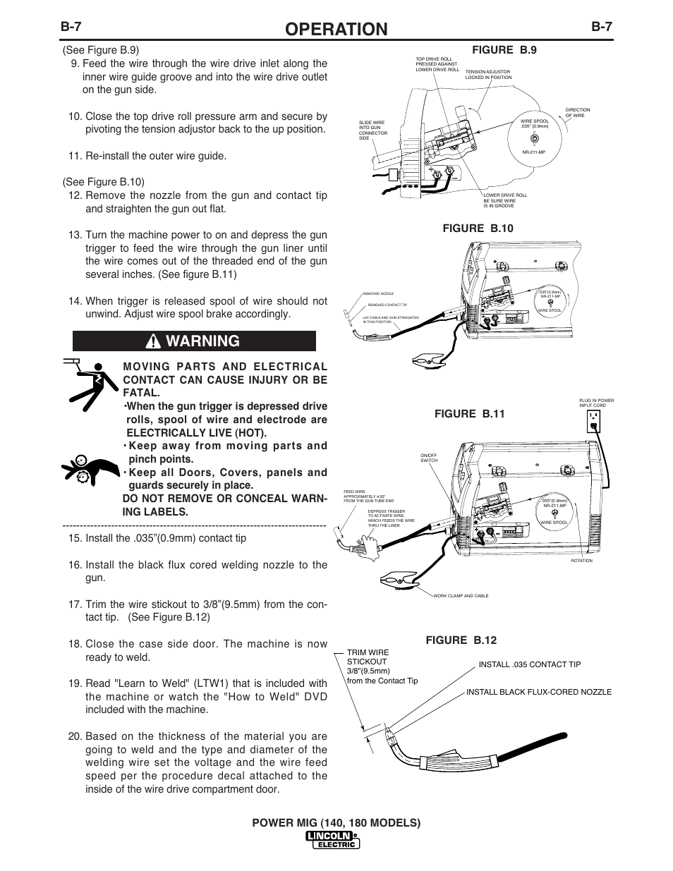 Operation, Warning, Figure b.10 figure b.11 | Figure b.9 figure b.12 | Lincoln Electric POWER MIG 180 User Manual | Page 20 / 42