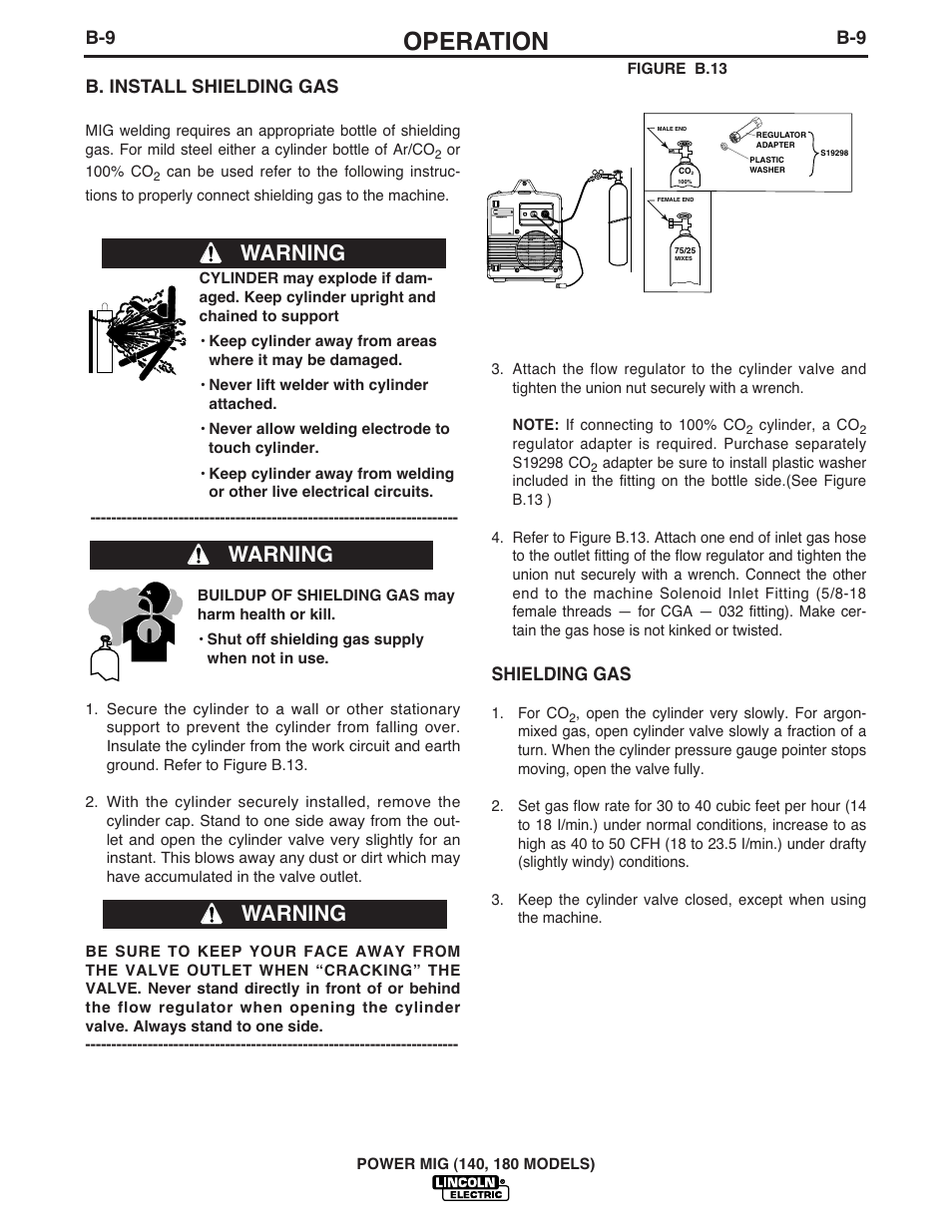 Operation, Warning, B. install shielding gas | Shielding gas | Lincoln Electric POWER MIG 180 User Manual | Page 22 / 42