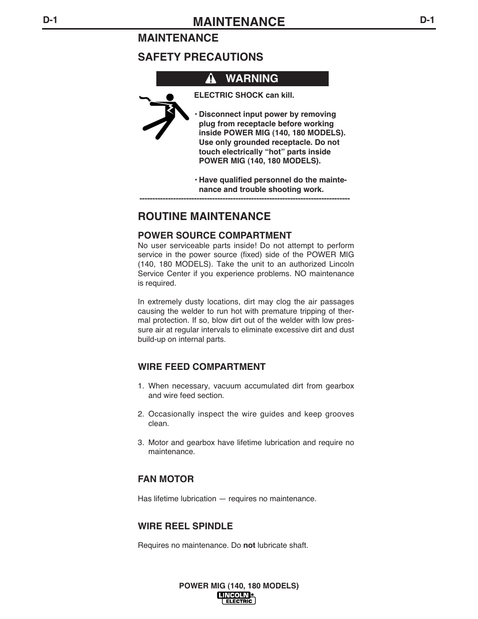 Maintenance, Maintenance safety precautions, Routine maintenance | Warning | Lincoln Electric POWER MIG 180 User Manual | Page 29 / 42