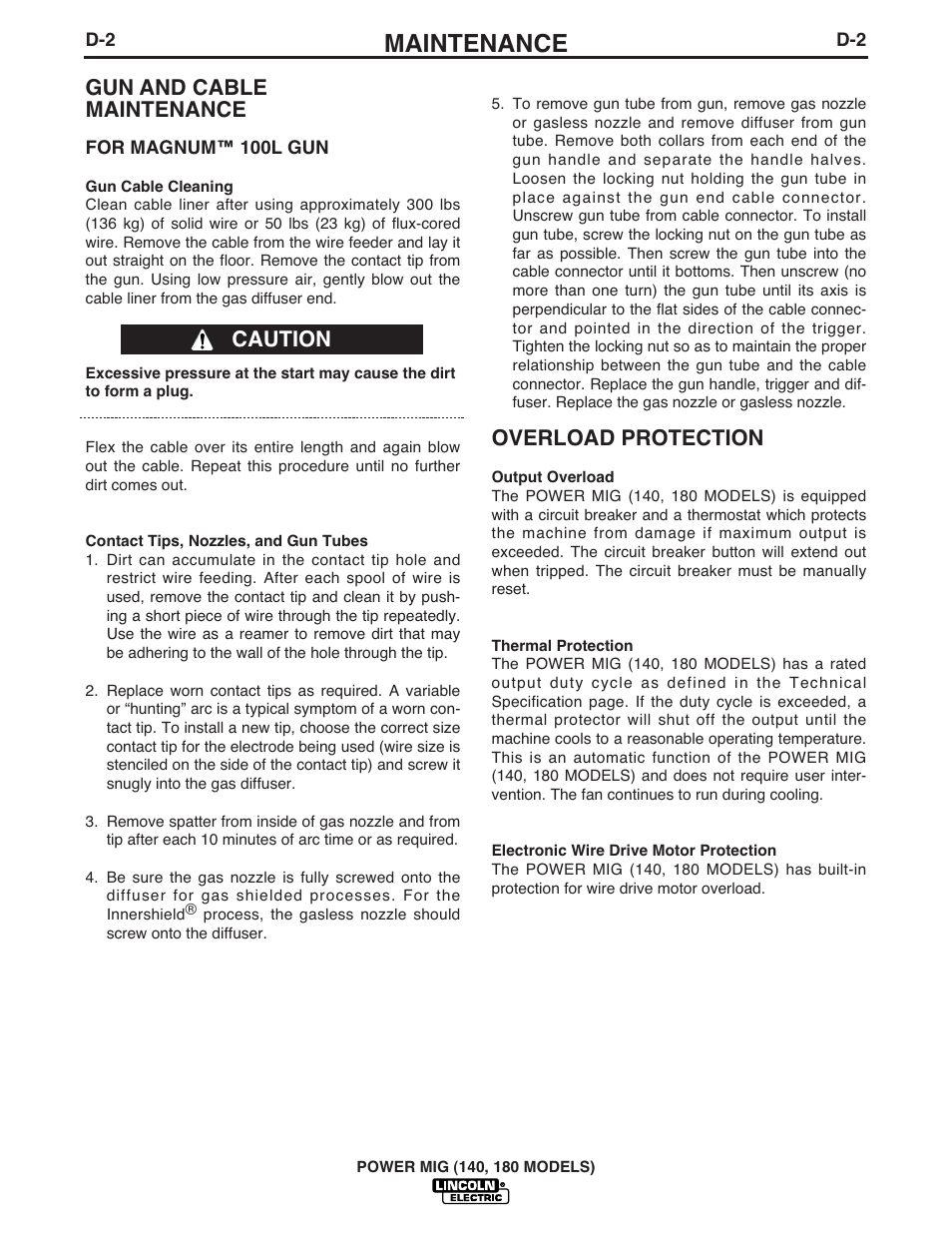 Maintenance, Gun and cable maintenance, Overload protection | Caution | Lincoln Electric POWER MIG 180 User Manual | Page 30 / 42