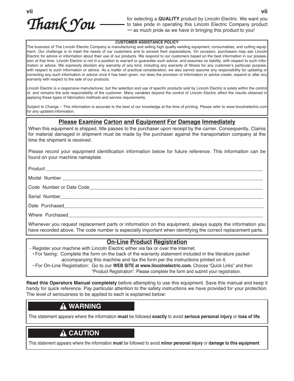 Tthhaannkk y yoouu, Warning, Caution | Lincoln Electric POWER MIG 180 User Manual | Page 8 / 42