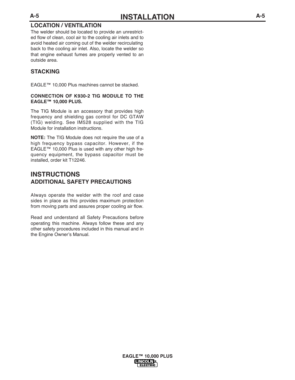 Installation, Instructions | Lincoln Electric EAGLETM 10 User Manual | Page 12 / 36