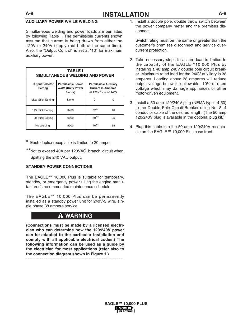 Installation, Warning | Lincoln Electric EAGLETM 10 User Manual | Page 15 / 36