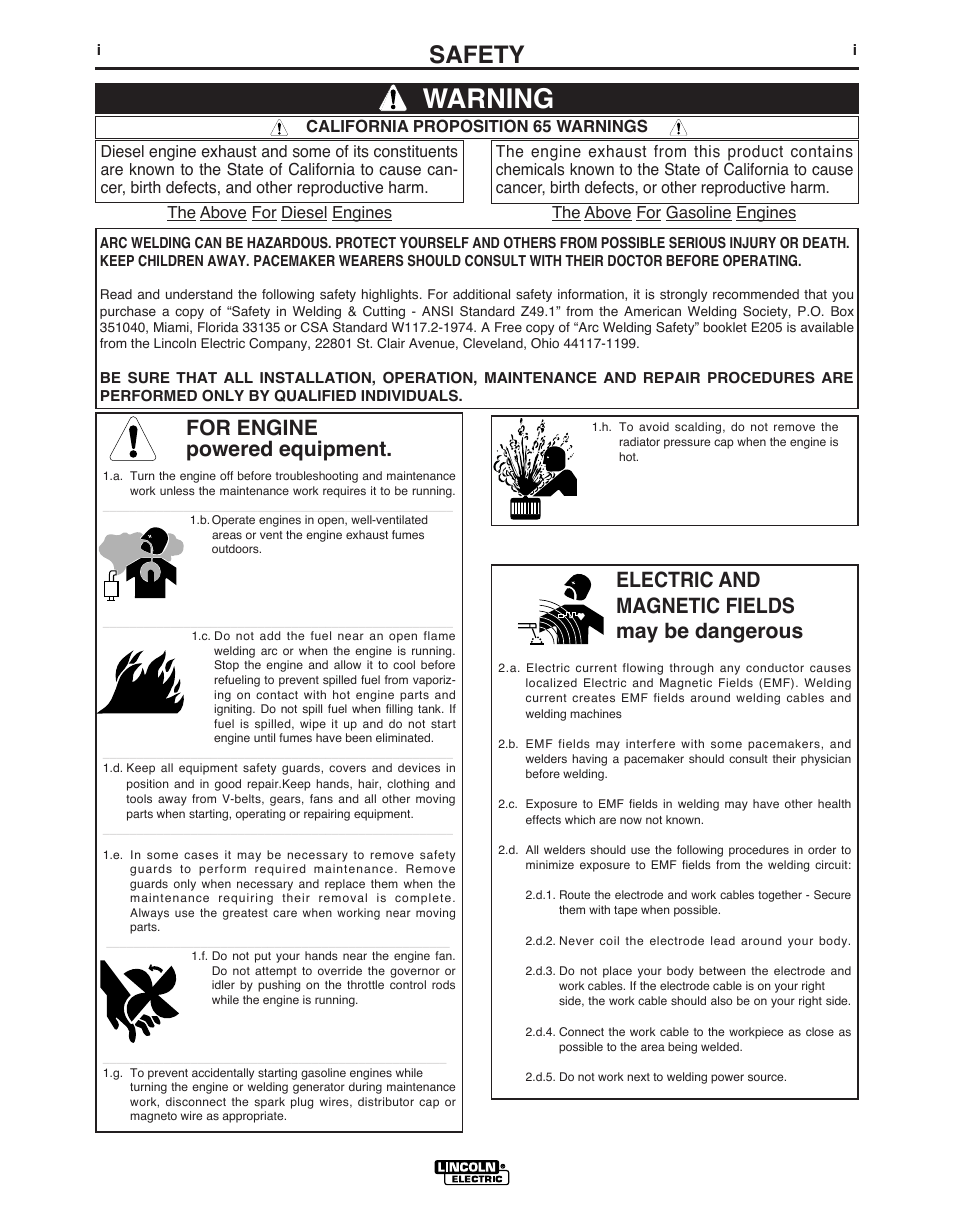 Warning, Safety, For engine powered equipment | Electric and magnetic fields may be dangerous | Lincoln Electric EAGLETM 10 User Manual | Page 2 / 36