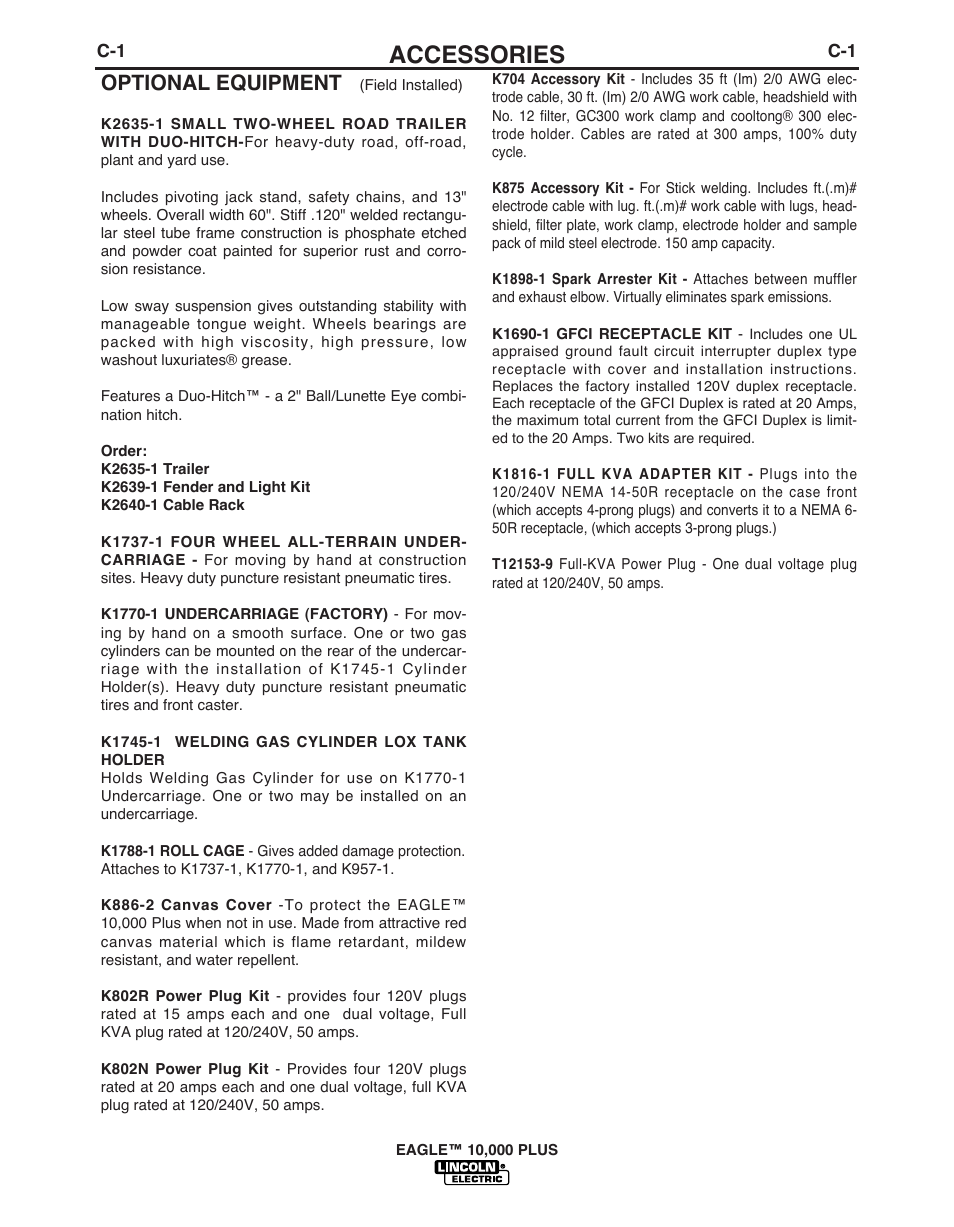 Accessories, Optional equipment | Lincoln Electric EAGLETM 10 User Manual | Page 22 / 36
