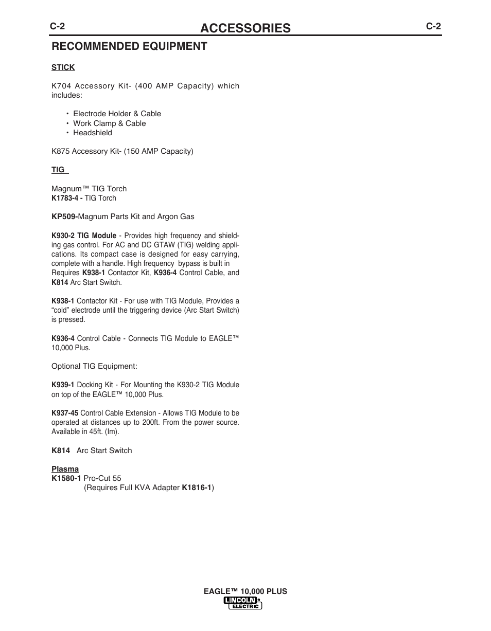Accessories, Recommended equipment | Lincoln Electric EAGLETM 10 User Manual | Page 23 / 36