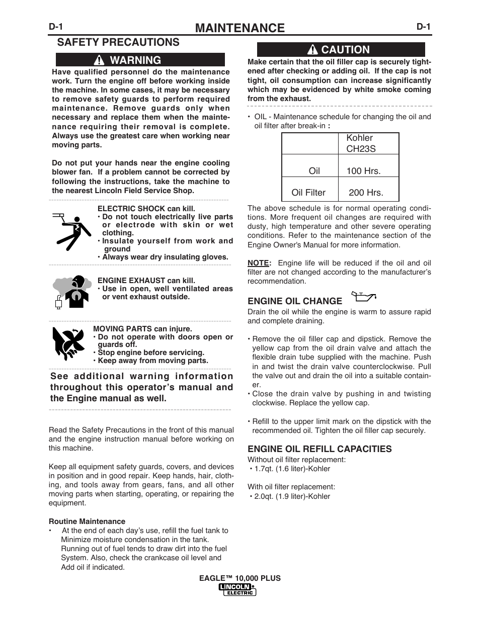 Maintenance, Warning, Safety precautions caution | Lincoln Electric EAGLETM 10 User Manual | Page 24 / 36