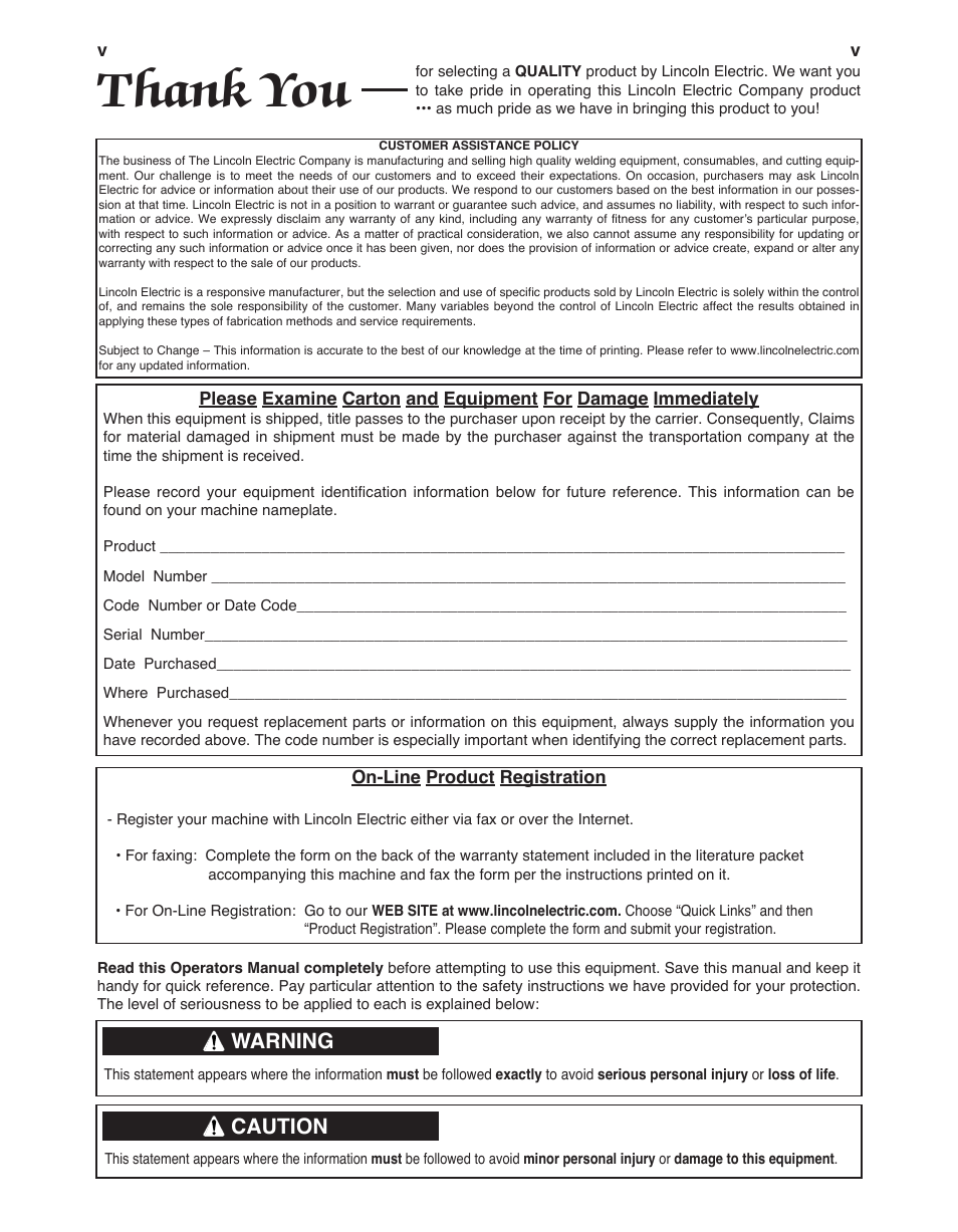 Warning, Caution | Lincoln Electric EAGLETM 10 User Manual | Page 6 / 36