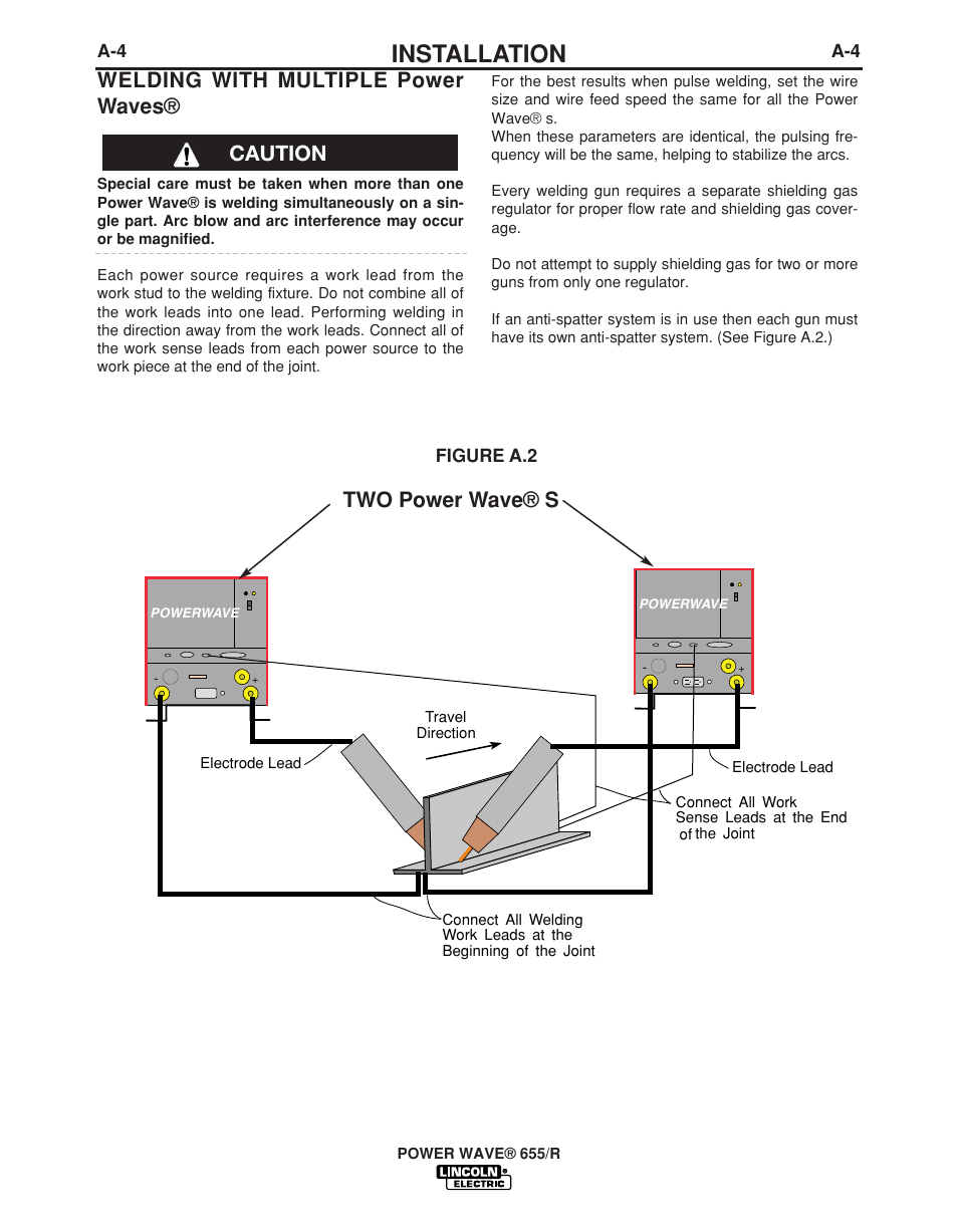 Installation, Welding with multiple power waves, Two power wave® s | Caution | Lincoln Electric POWER WAVE IM713-B User Manual | Page 11 / 44