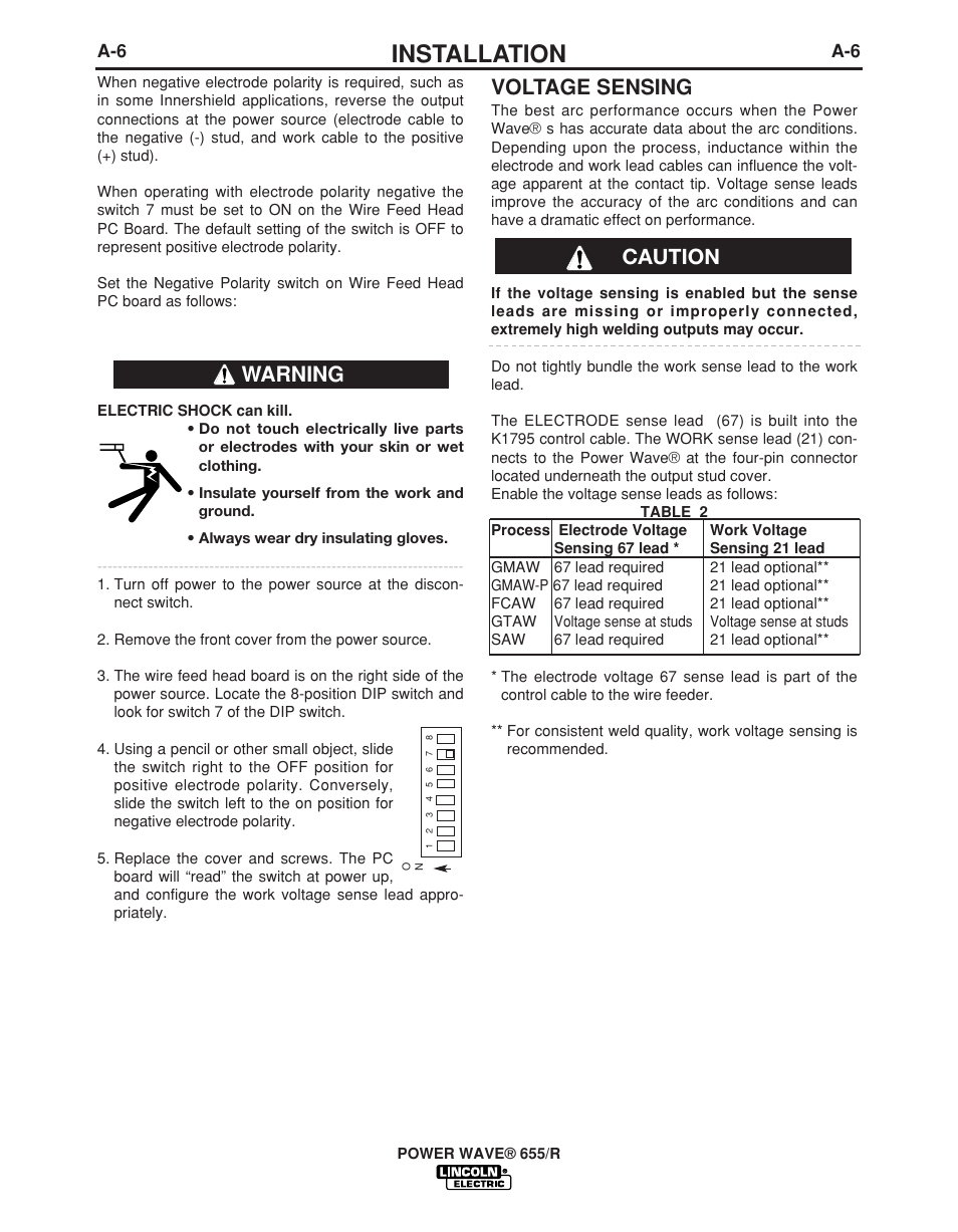 Installation, Voltage sensing, Caution | Warning | Lincoln Electric POWER WAVE IM713-B User Manual | Page 13 / 44
