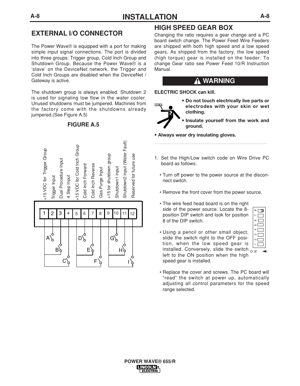 Installation, High speed gear box, Warning | External i/o connector, Figure a.5 | Lincoln Electric POWER WAVE IM713-B User Manual | Page 15 / 44