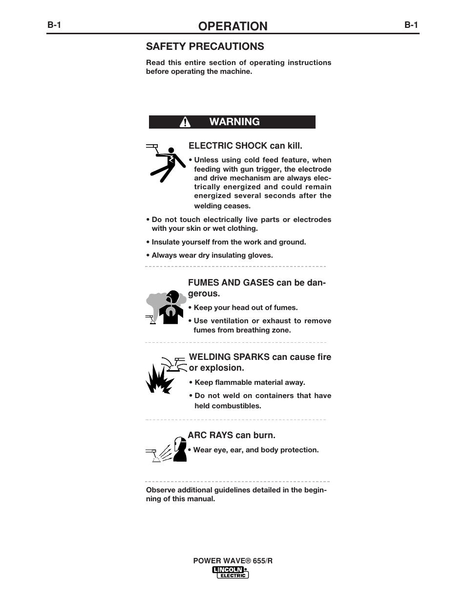Operation, Safety precautions, Warning | Lincoln Electric POWER WAVE IM713-B User Manual | Page 18 / 44