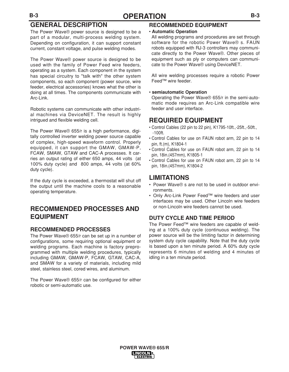 Operation, Required equipment, Limitations | General description, Recommended processes and equipment | Lincoln Electric POWER WAVE IM713-B User Manual | Page 20 / 44