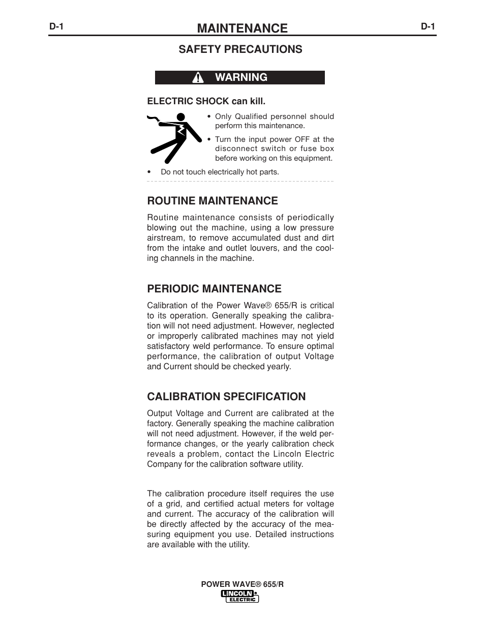 Maintenance, Safety precautions, Routine maintenance | Periodic maintenance, Calibration specification, Warning | Lincoln Electric POWER WAVE IM713-B User Manual | Page 25 / 44