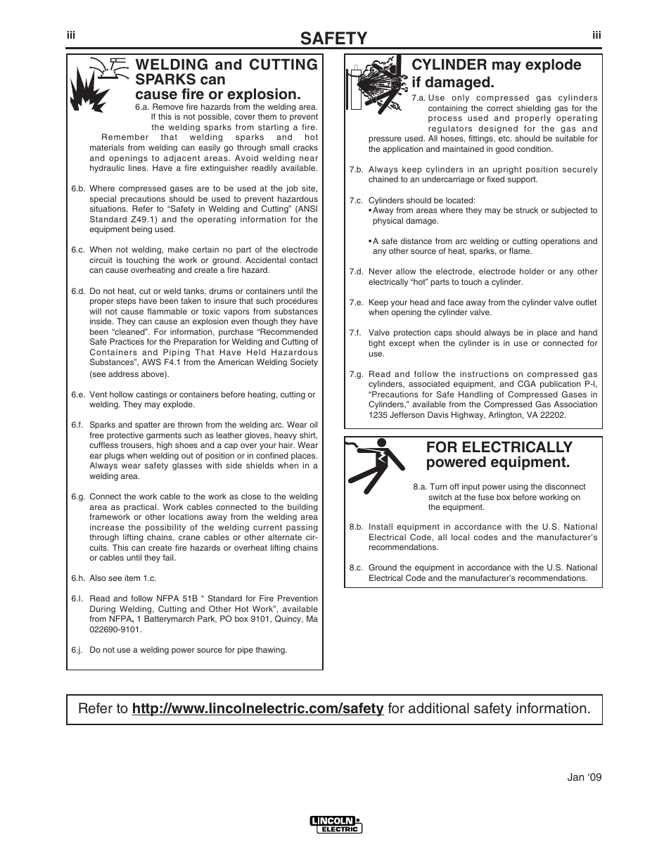 Safety, For electrically powered equipment, Cylinder may explode if damaged | Lincoln Electric POWER WAVE IM713-B User Manual | Page 4 / 44