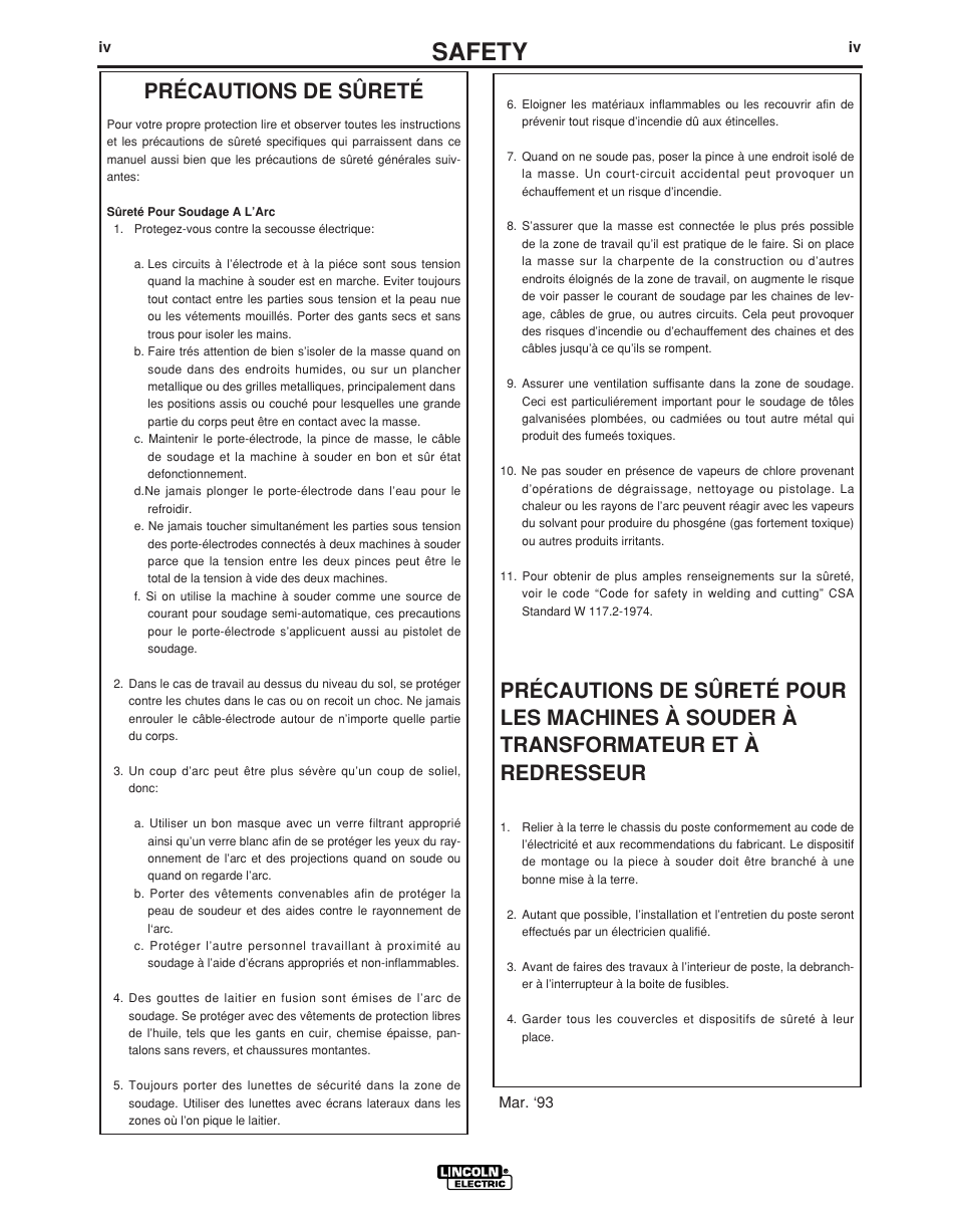Safety, Précautions de sûreté | Lincoln Electric POWER WAVE IM713-B User Manual | Page 5 / 44
