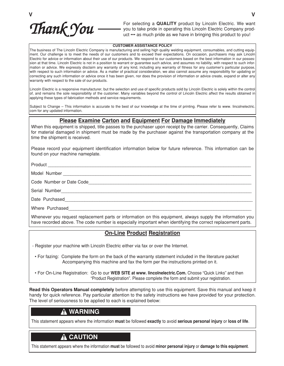 Tthhaannkk y yoouu, Warning, Caution | Lincoln Electric POWER WAVE IM713-B User Manual | Page 6 / 44