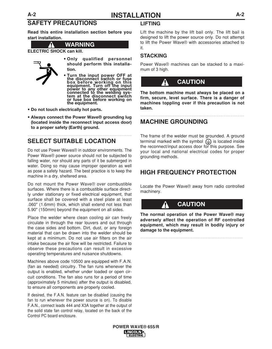 Installation, Machine grounding, High frequency protection | Safety precautions, Select suitable location, Warning caution caution | Lincoln Electric POWER WAVE IM713-B User Manual | Page 9 / 44