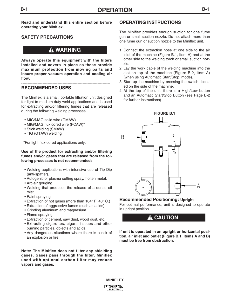 Operation, Warning, Caution | Lincoln Electric MINIFLEX IM857 User Manual | Page 10 / 21