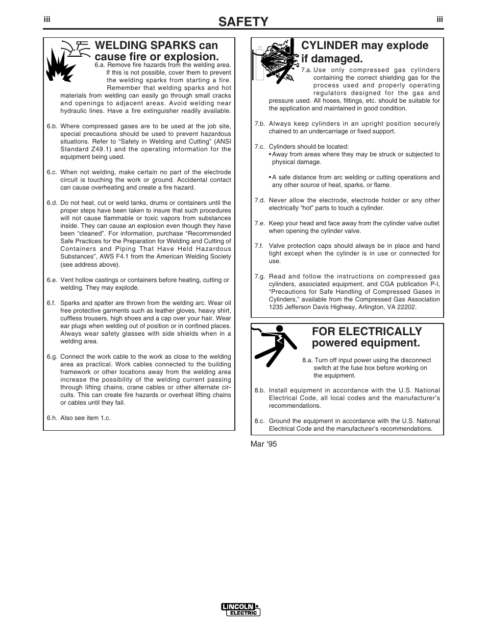 Safety, For electrically powered equipment, Cylinder may explode if damaged | Welding sparks can cause fire or explosion | Lincoln Electric MINIFLEX IM857 User Manual | Page 4 / 21