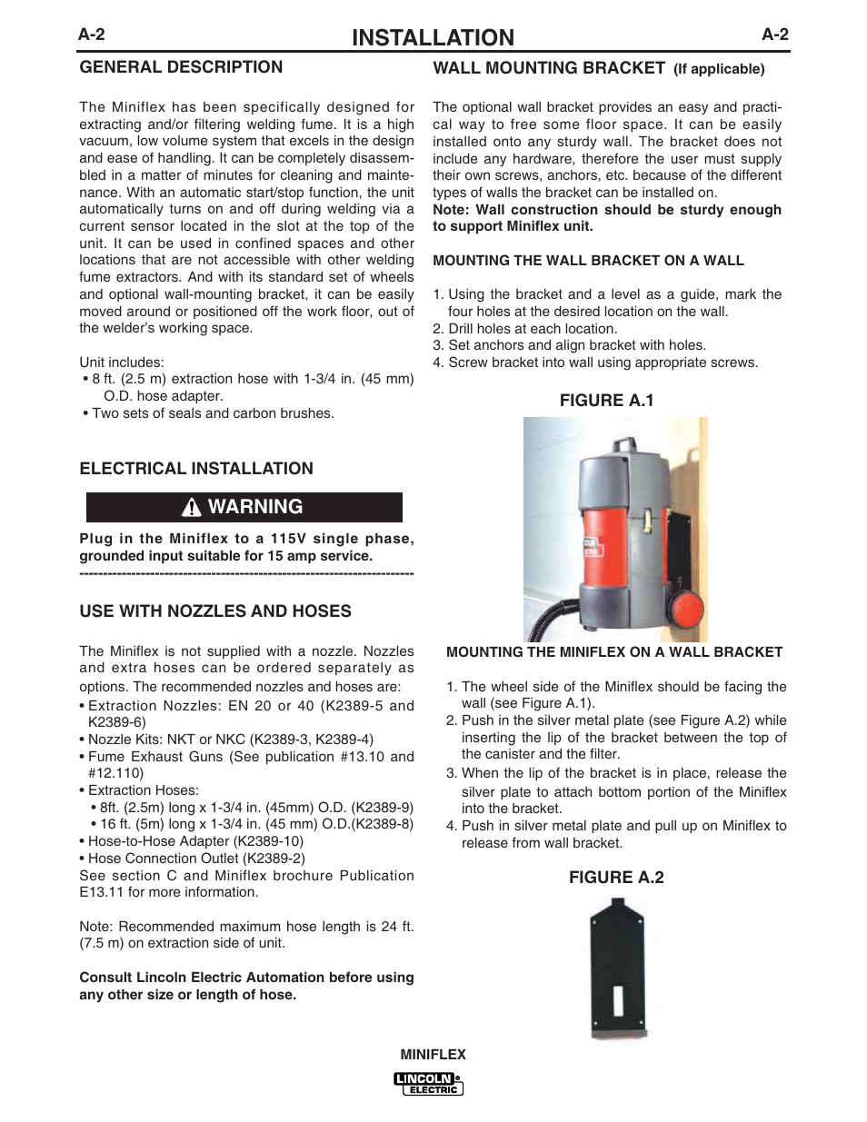 Installation, Warning | Lincoln Electric MINIFLEX IM857 User Manual | Page 9 / 21