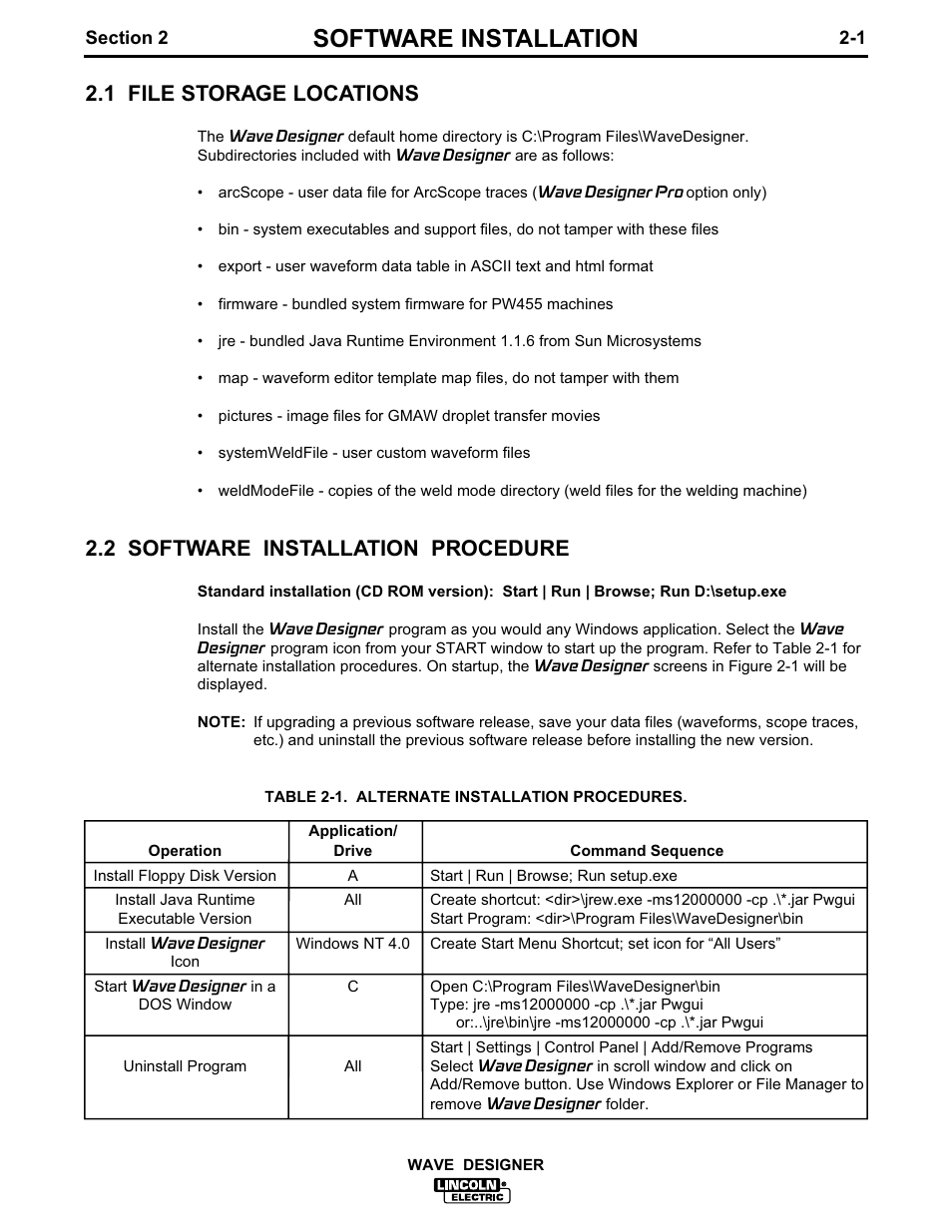 Software installation, 1 file storage locations, 2 software installation procedure | Lincoln Electric WAVE DESIGNER IM649 User Manual | Page 9 / 74