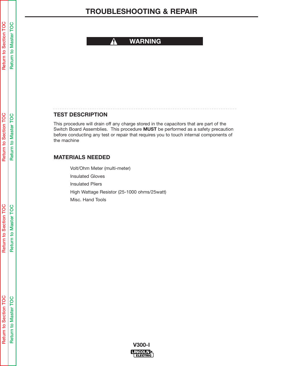 Troubleshooting & repair, Warning input filter capacitor discharge procedure | Lincoln Electric INVERTEC SVM101-B User Manual | Page 41 / 117