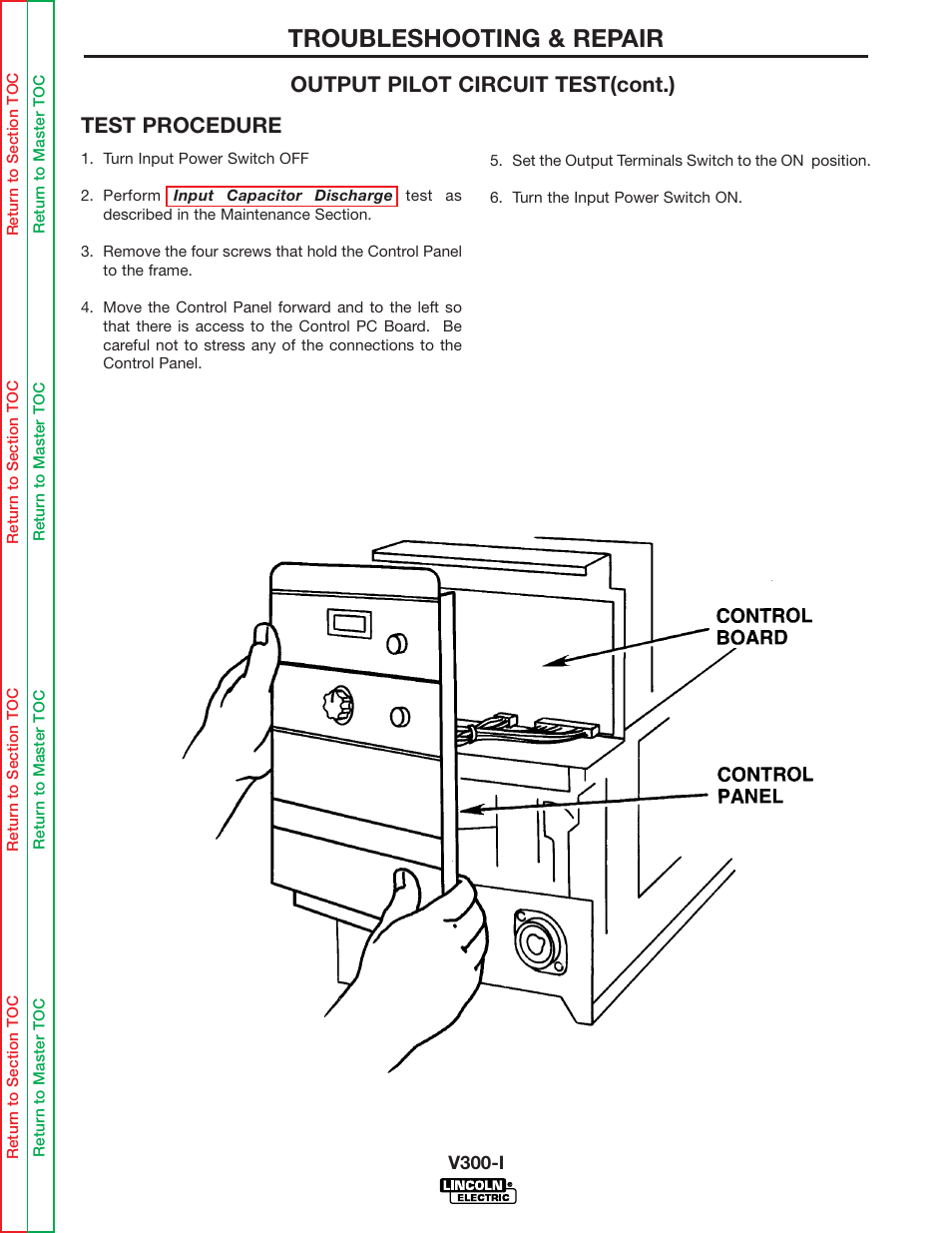 Troubleshooting & repair, Test procedure, Output pilot circuit test(cont.) | Lincoln Electric INVERTEC SVM101-B User Manual | Page 44 / 117