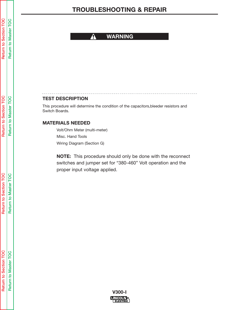 Capacitor balance, Troubleshooting & repair, Warning capacitor balance test | Lincoln Electric INVERTEC SVM101-B User Manual | Page 51 / 117